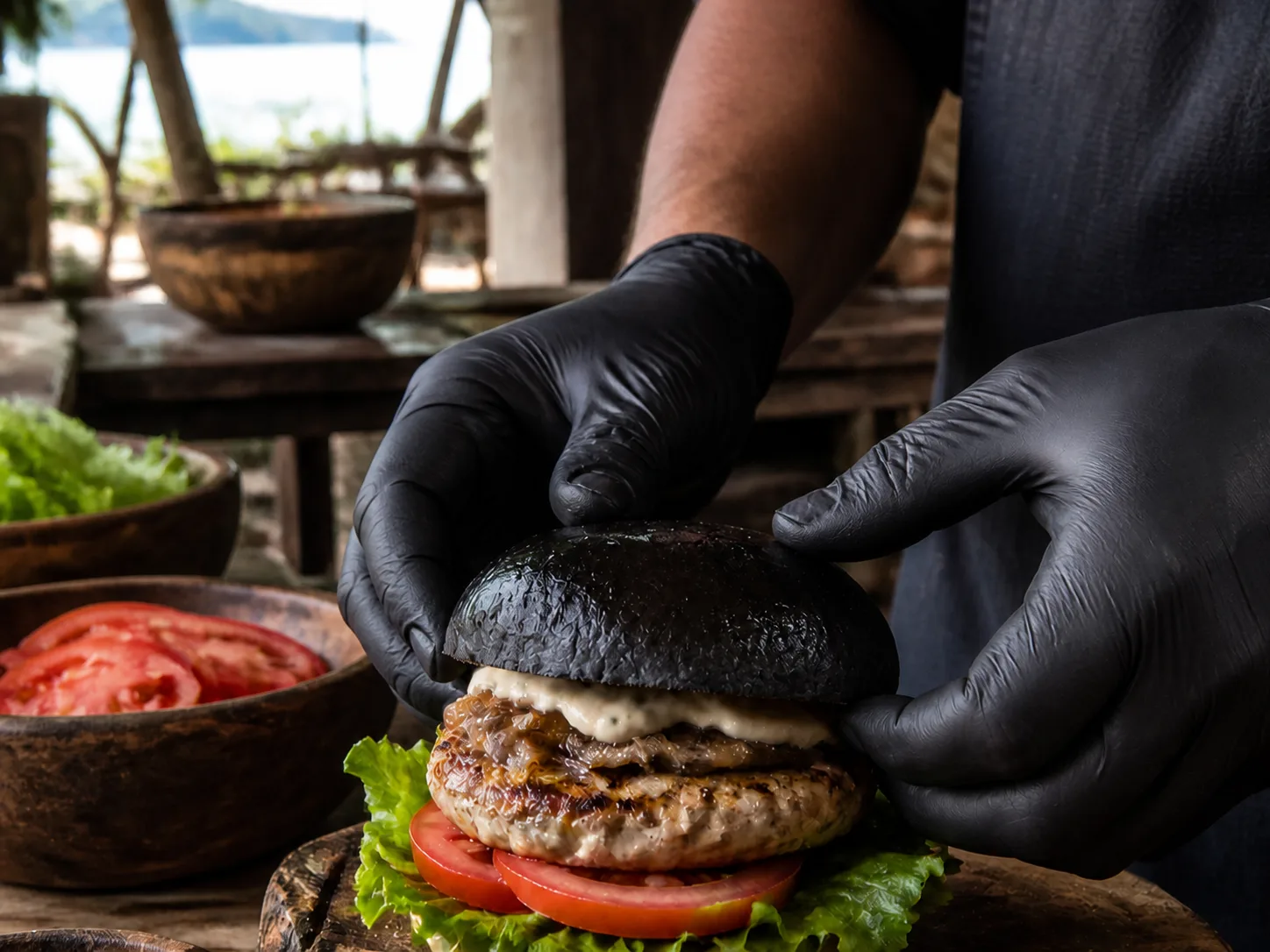 Burger artisanal au pain noir préparé avec des gants nitrile noirs dans la cuisine de PIRATES